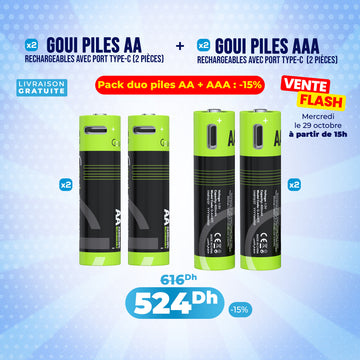 Pack 2 Piles Rechargeables AA (2 pièces) avec 2 Piles Rechargeables AAA (2 pièces)