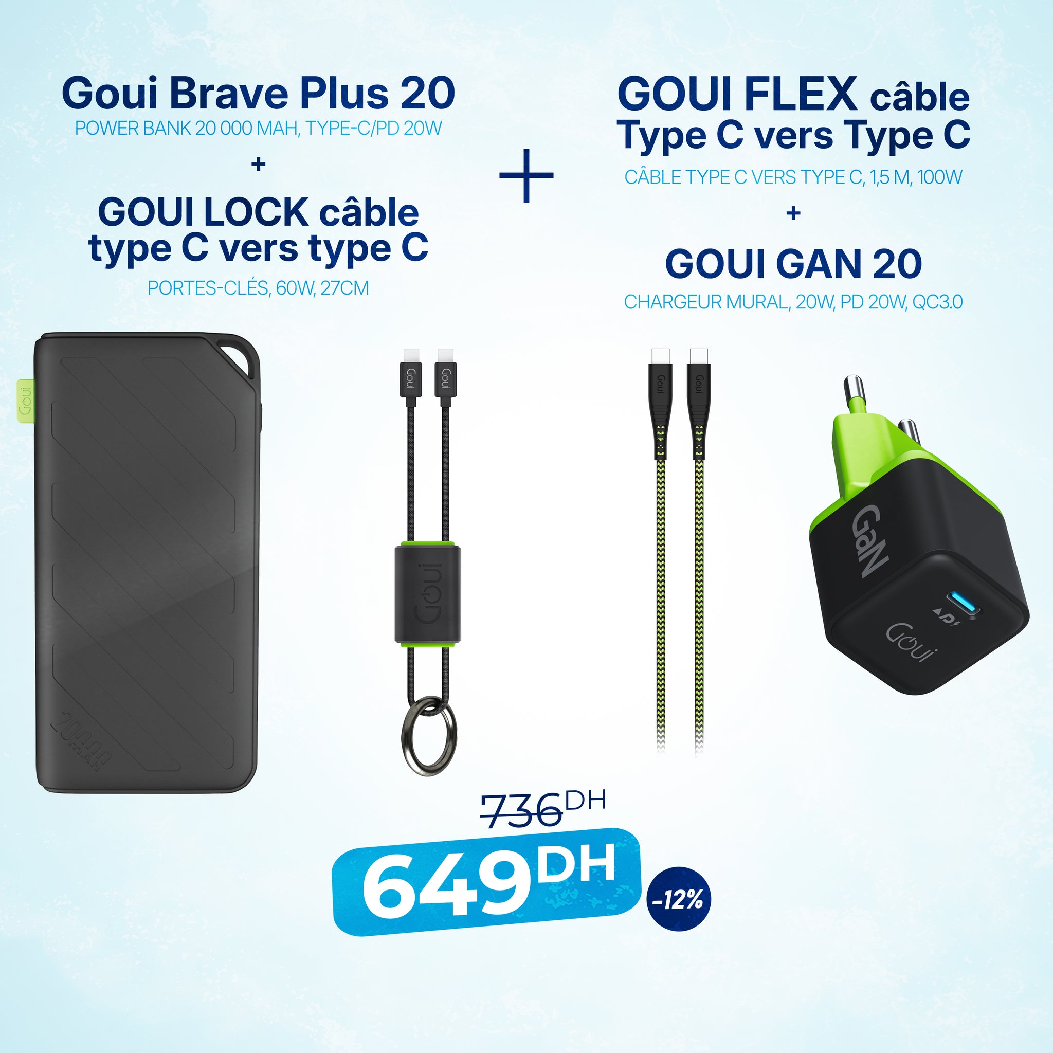 Pack Brave Plus 20 000 mAh avec Câble Lock Type C vers C et GAN 20W avec Câble Flex Type C vers C
