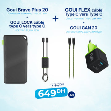 Pack Brave Plus 20 000 mAh avec Câble Lock Type C vers C et GAN 20W avec Câble Flex Type C vers C
