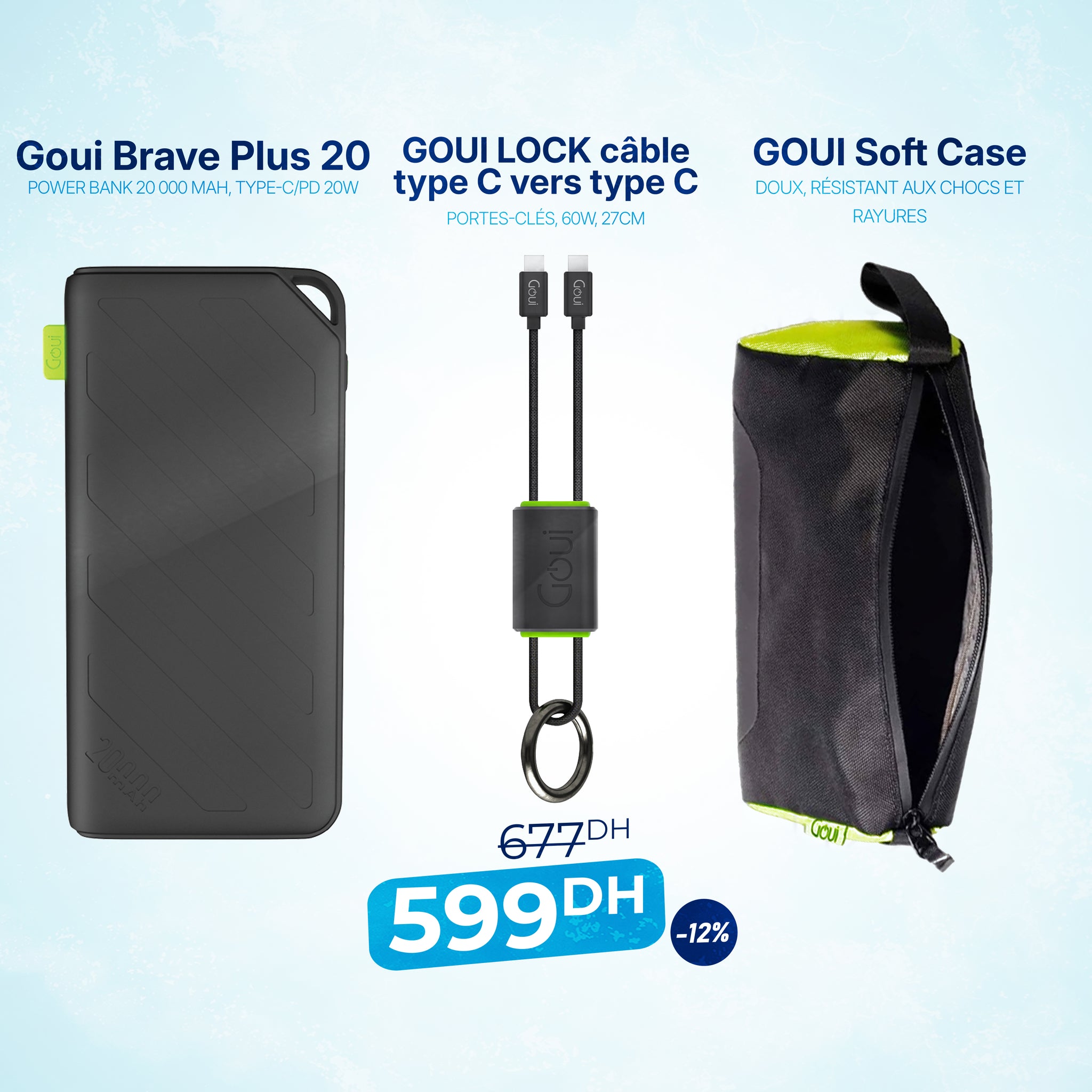 Pack Brave Plus 20 000 mAh avec Câble Lock Type C vers Type C et Soft Case
