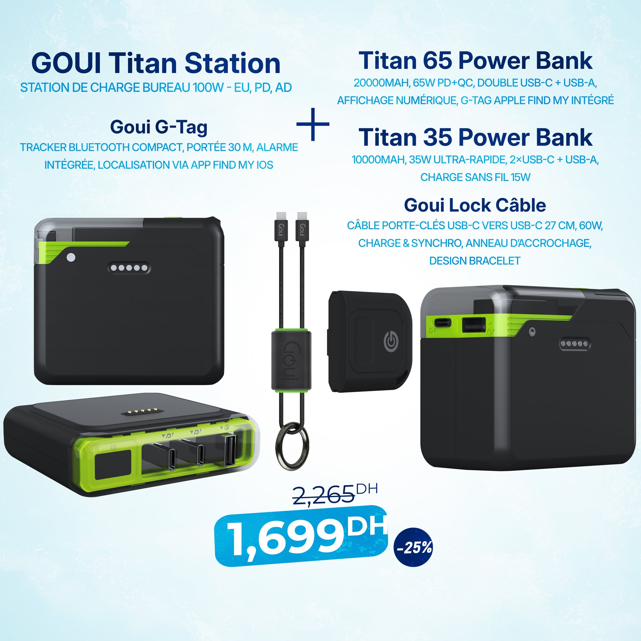 Pack Titan Station 100W - EU avec Titan 10 000mAh – 35W et Titan 20 000mAh – 65W avec G-Tag et Lock Câble C/C 60W