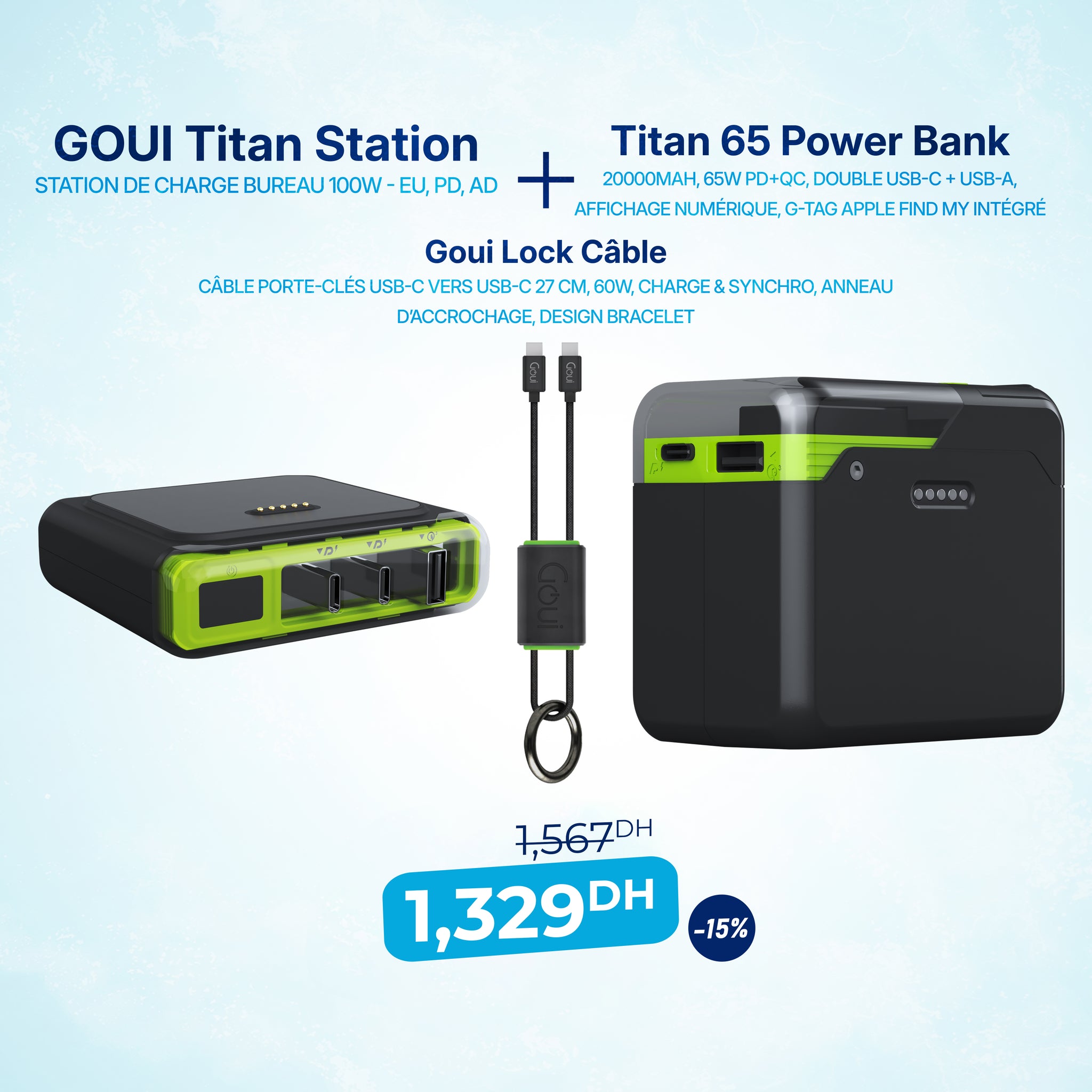 Pack Titan Station de Charge Bureau 100W avec Titan Power Bank 20 000mAh – 65W et Lock Câble Type C/C (27 cm) 60W