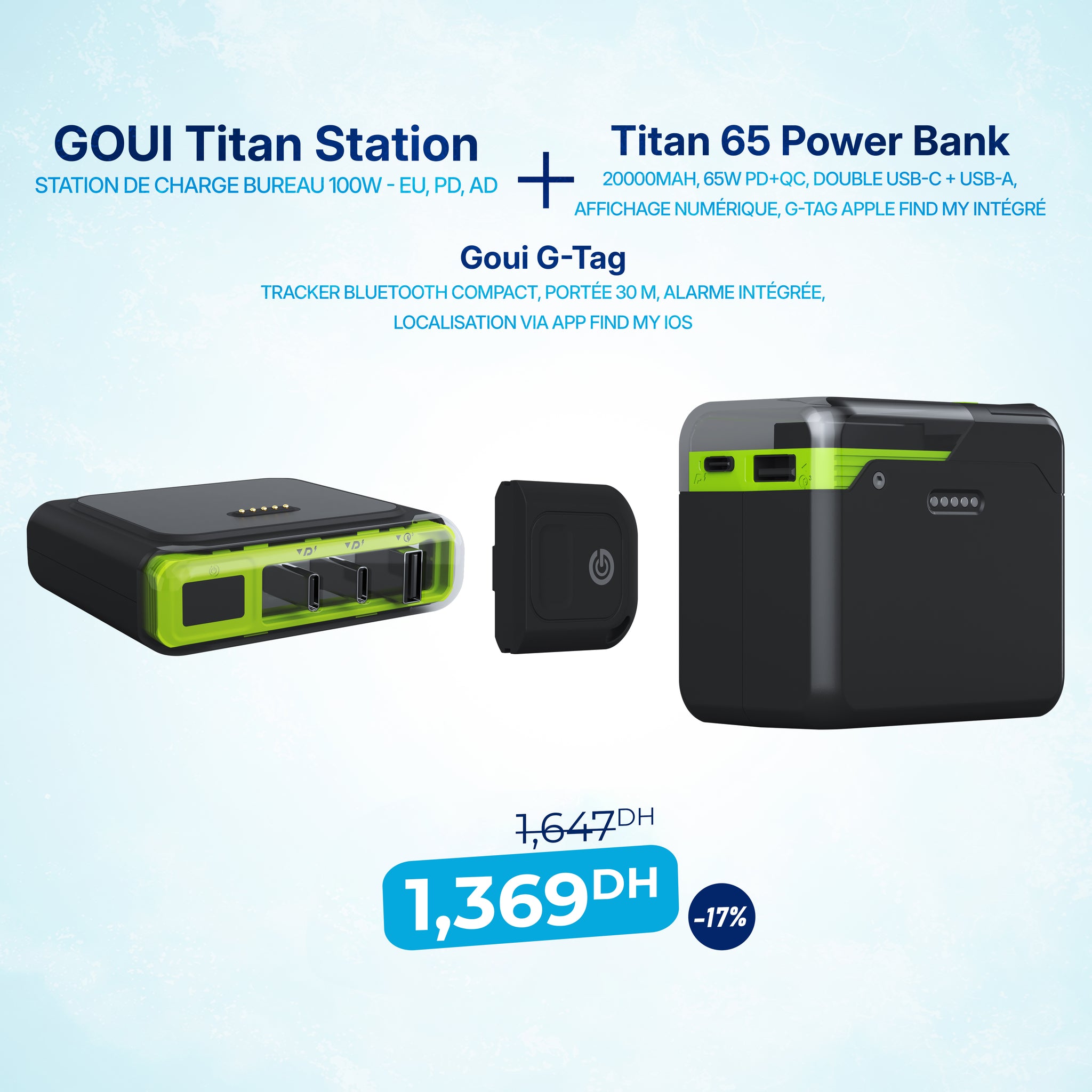 Pack Titan Station de Charge Bureau 100W - EU avec Titan Power Bank 20 000mAh – 65W et G-Tag Localisation Tracker