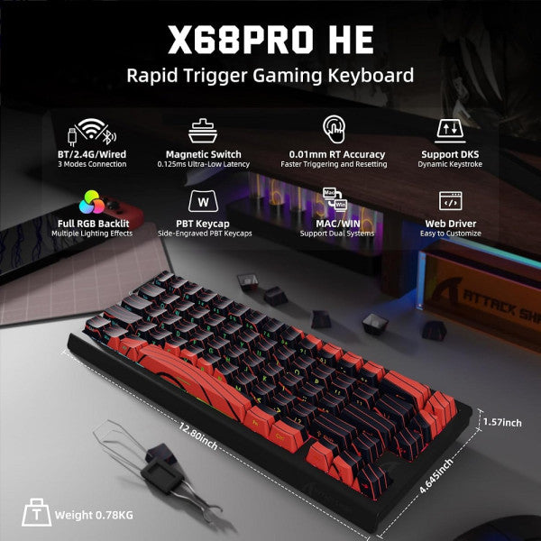 ATTACK SHARK X68 PRO HE Wireless Magnetic Switch (Red Contours)
