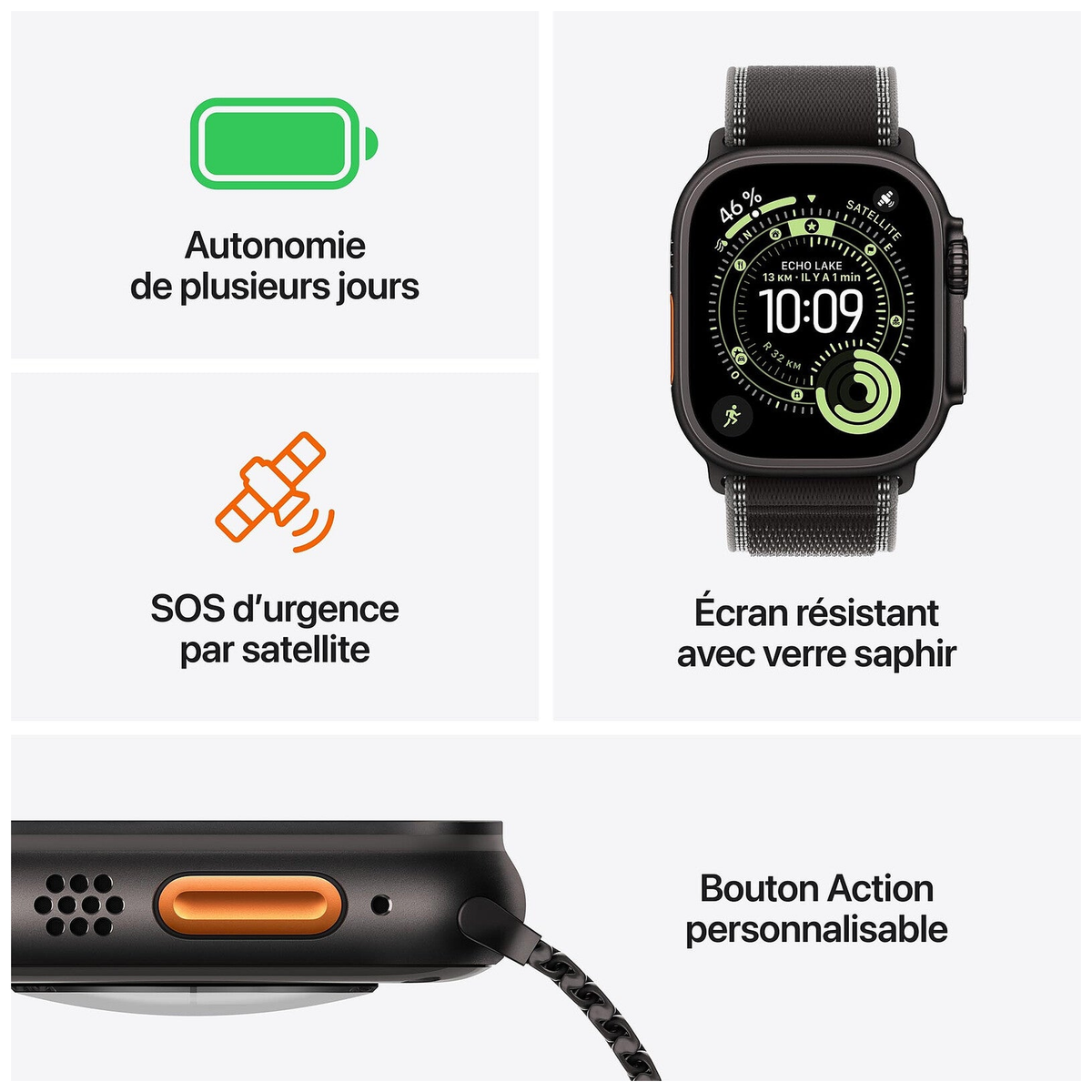 Apple Watch Ultra 3 GPS + Cellular 49 mm Titane naturel Boucle Trail Bleu/bleu vif M/L - Maydan.ma