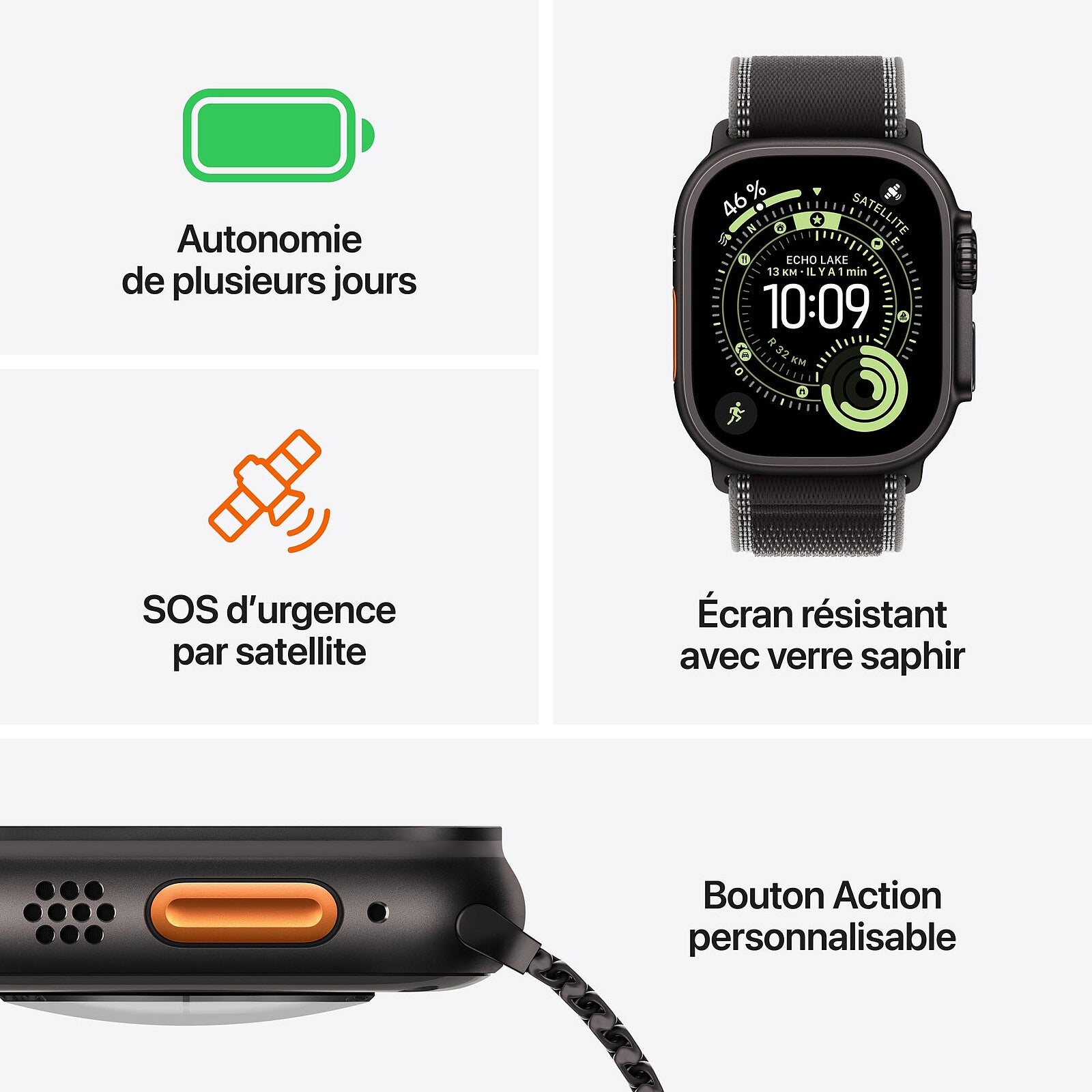 Apple Watch Ultra 3 GPS + Cellular 49 mm Titane noir Bracelet Océan Noir Taille Unique - Maydan.ma