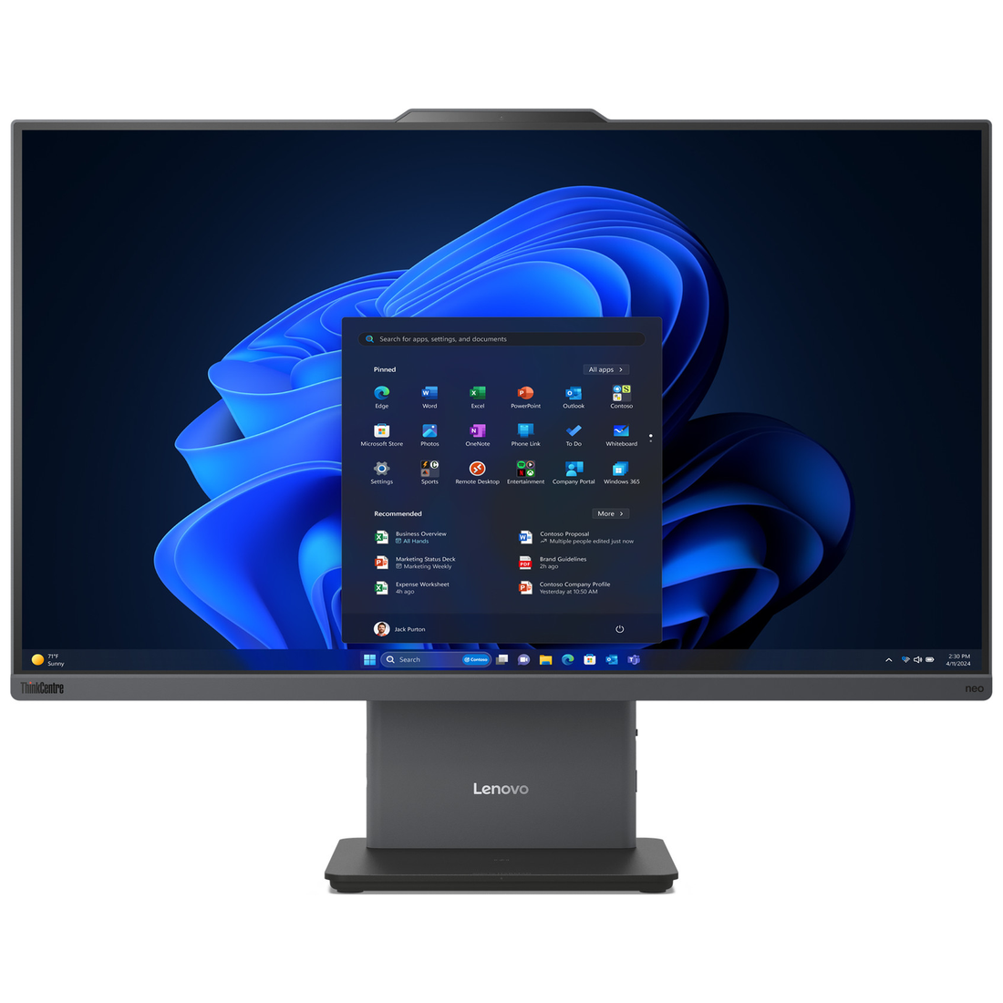Lenovo ThinkCentre neo 50a 24 Gen 6, vue de face — image d’illustration pour 13QG001GFM : Windows et recharge sans fil représentés, non inclus