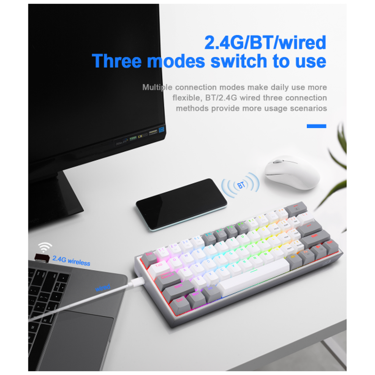 Redragon K616 Fizz PRO 60% Wireless RGB Red Switches (White/Gray)