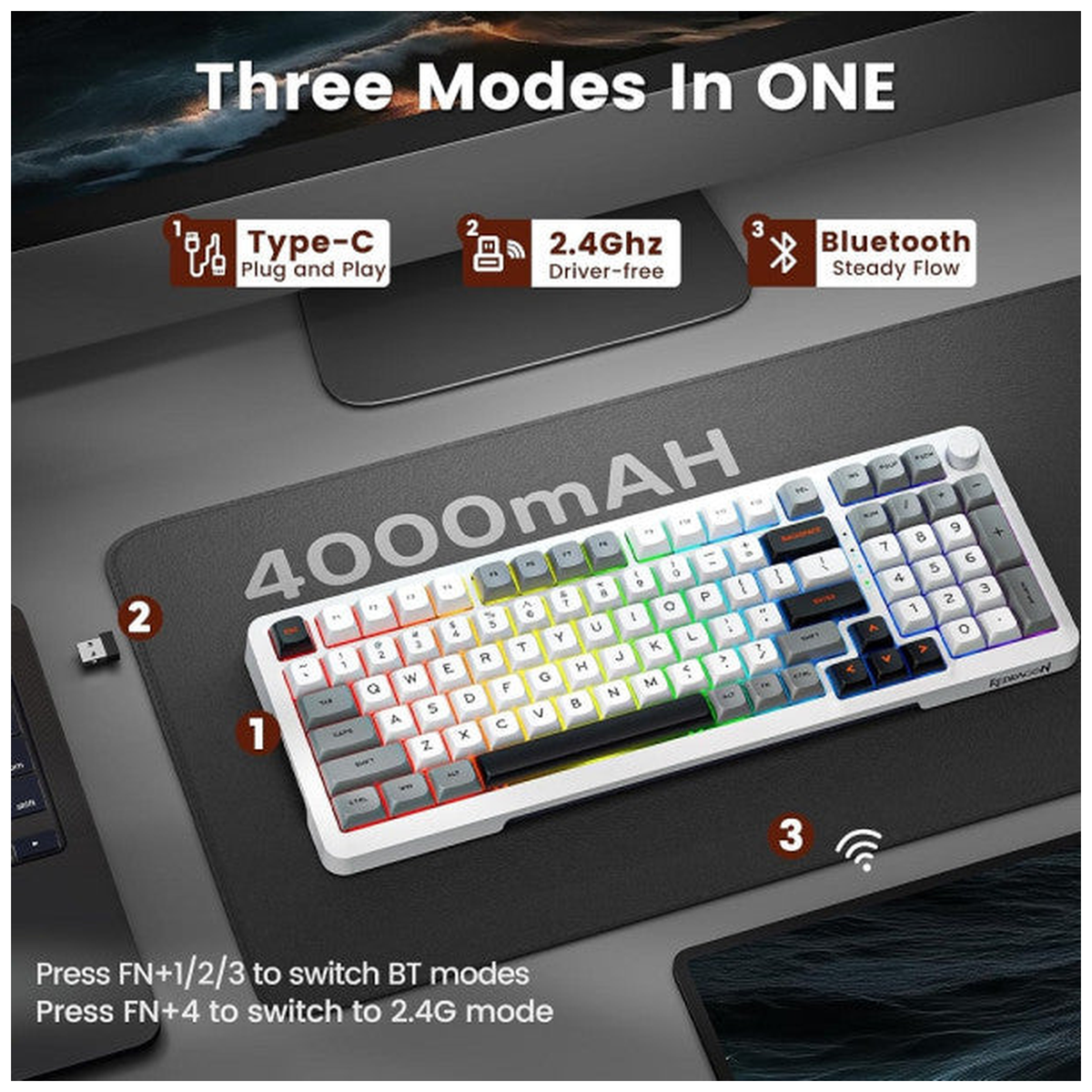 Redragon K688 Pro Wireless Mechanical Keyboard (White/Gray/Black)