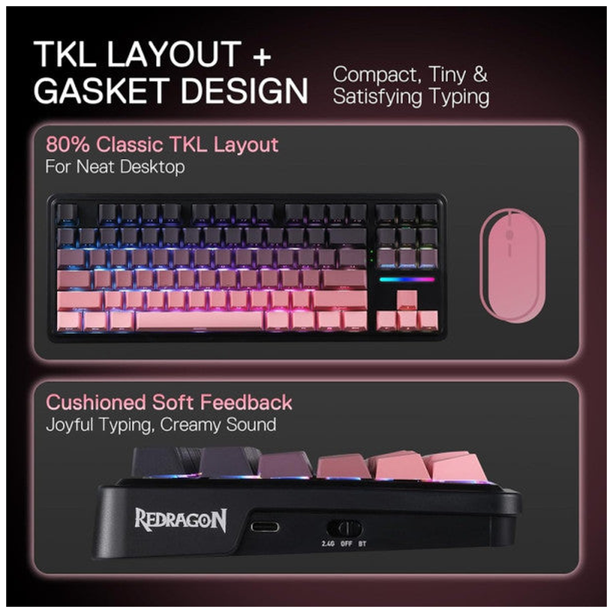 Redragon K728 Antonium Pro Wireless Mechanical Keyboard (Tide Pink)