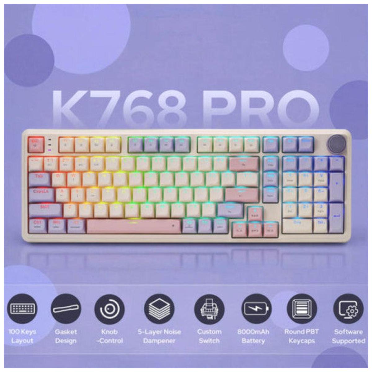 Redragon K768 Tri-mode Wireless Gasket RGB Gaming Keyboard (Lilac Land)