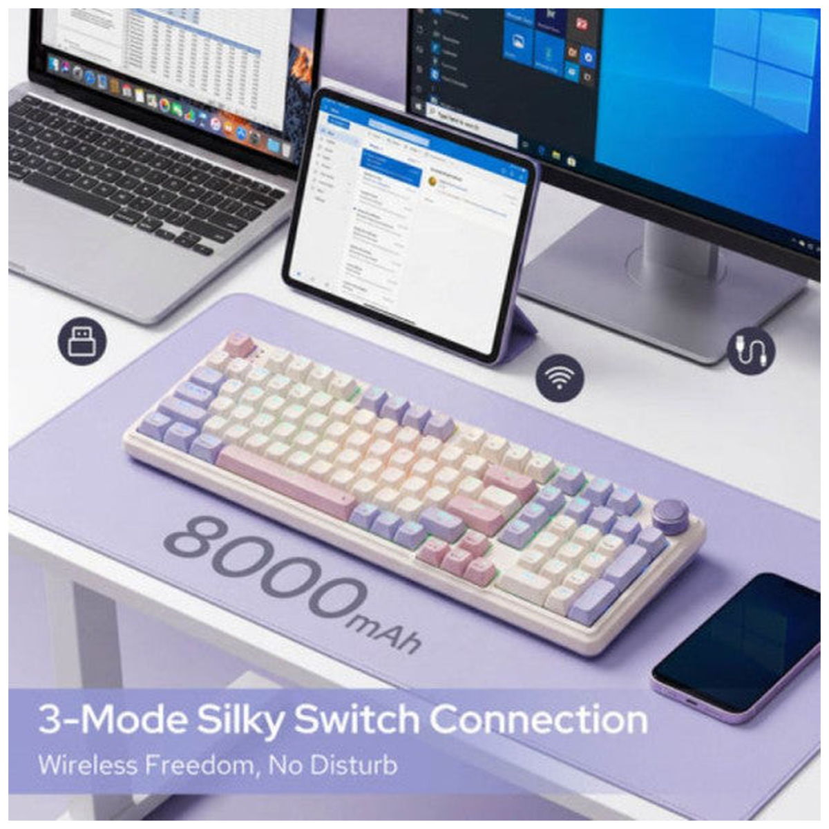 Redragon K768 Tri-mode Wireless Gasket RGB Gaming Keyboard (Lilac Land)