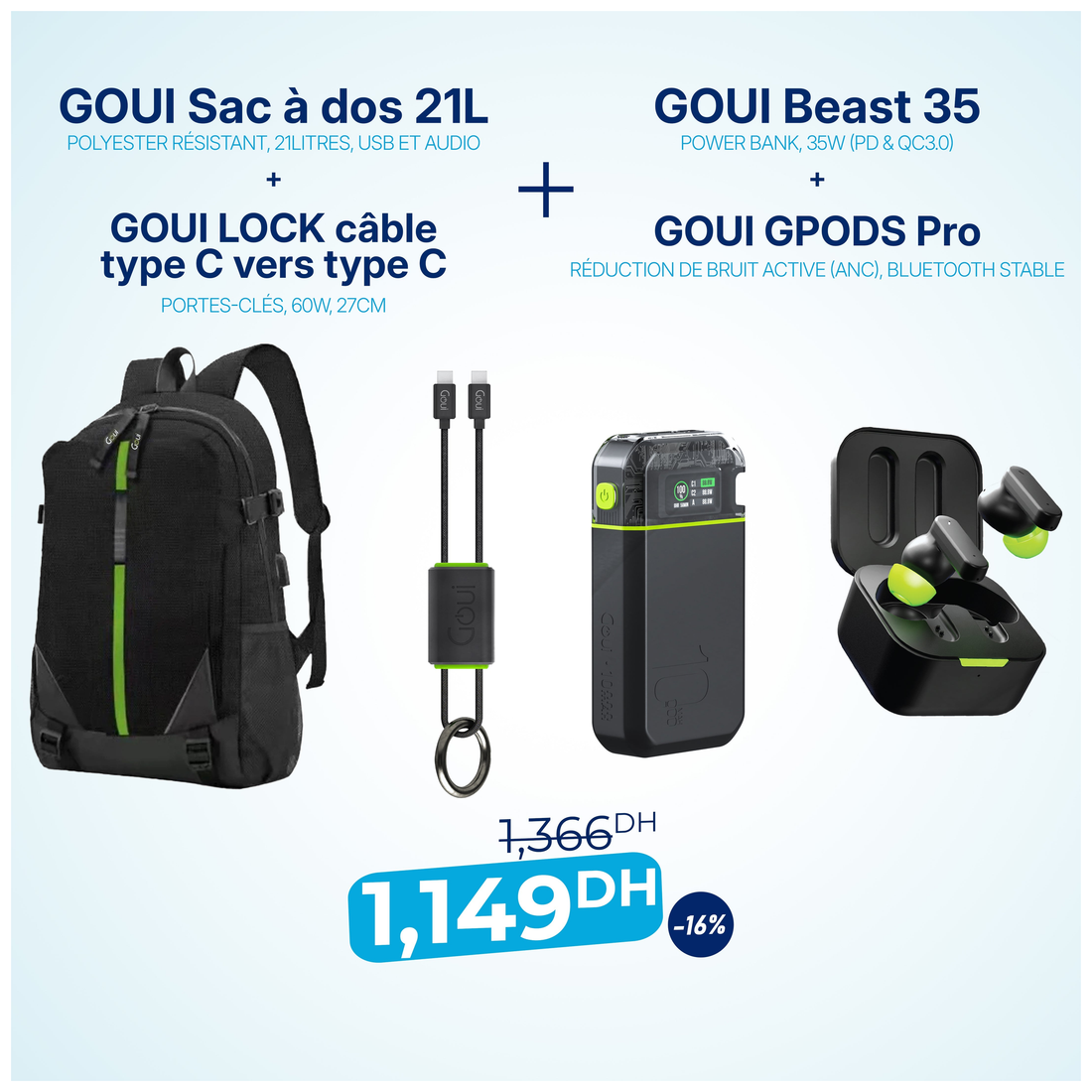 Pack Sac à dos 21L avec Beast 35, G-Pods Pro et Câble Lock Type C vers